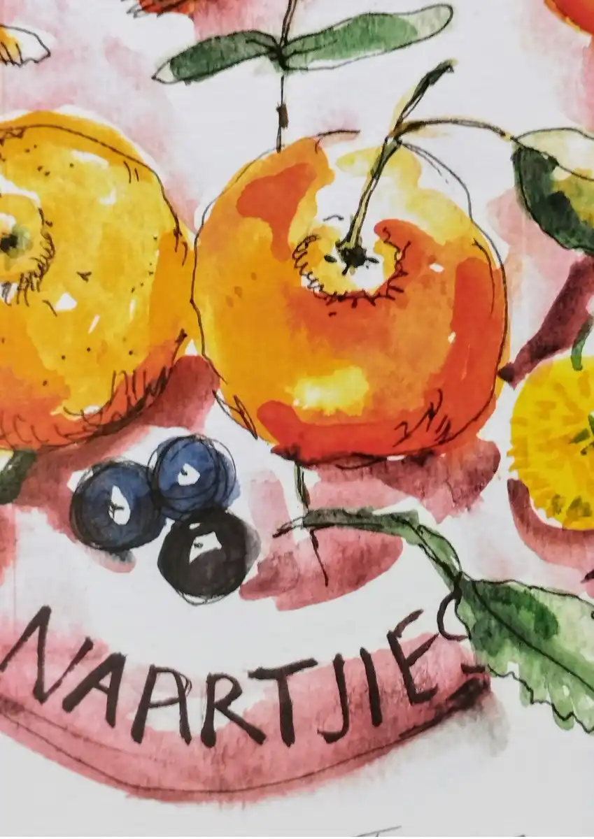 Close up of an A3 digital print of watercolour illustration of naartjies on a plate.