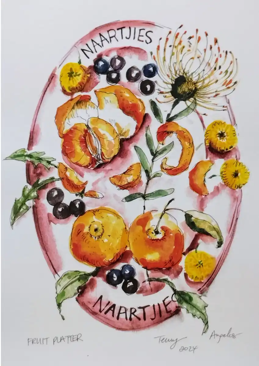 A3 digital print of watercolour illustration of naartjies on a plate by Terry Angelos.