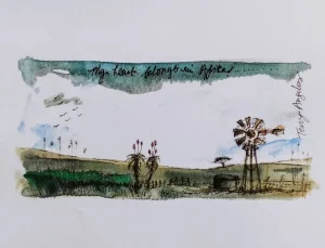 A4 watercolour illustration digital of farm countryside by Terry Angelos.